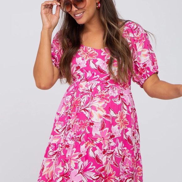 Fuscia Floral Dress Womens Boutique Brand Large - Picture 2 of 6